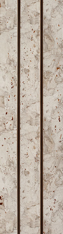 Beige marble louver panel with textured finish and brown speckles, featuring vertical slats with dark gaps.