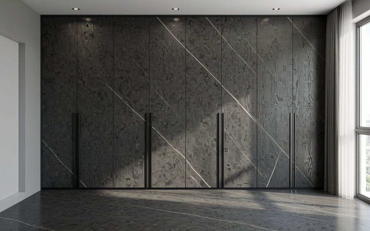 Dark grey marble-effect decorative MDF with white veining and textured finish.