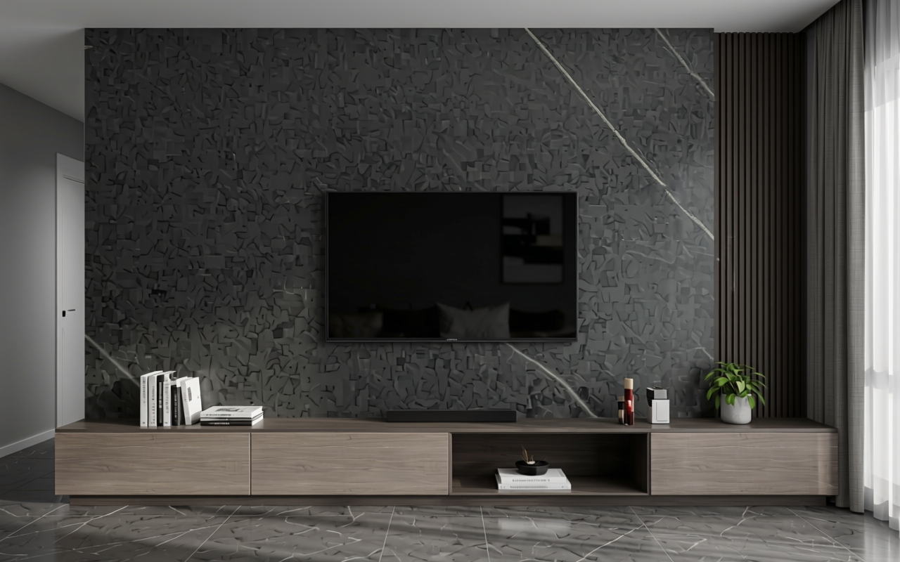 Dark grey marble-effect decorative MDF with white veining and textured finish.
