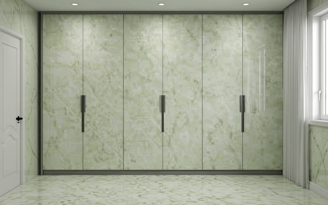 Matte decorative mdf sheet with light green marble texture and subtle veining pattern.