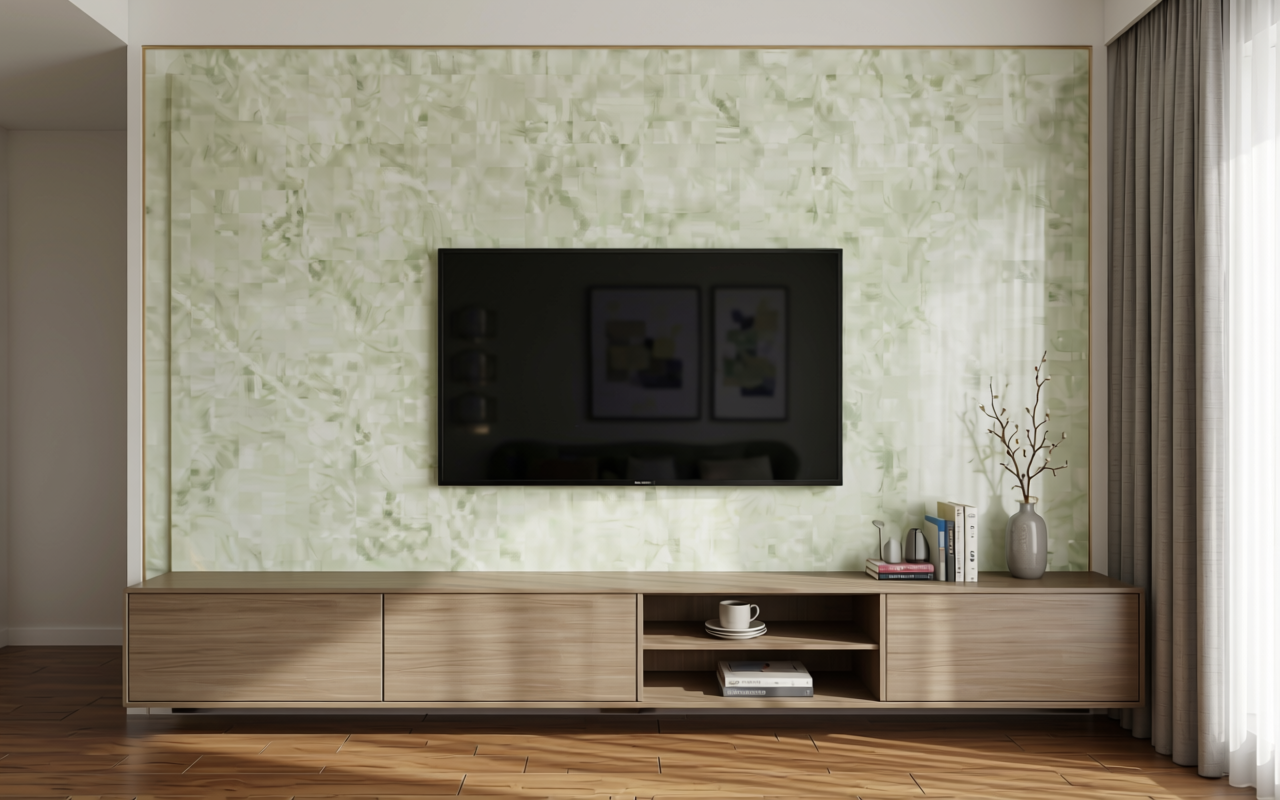 Matte decorative mdf sheet with light green marble texture and subtle veining pattern.