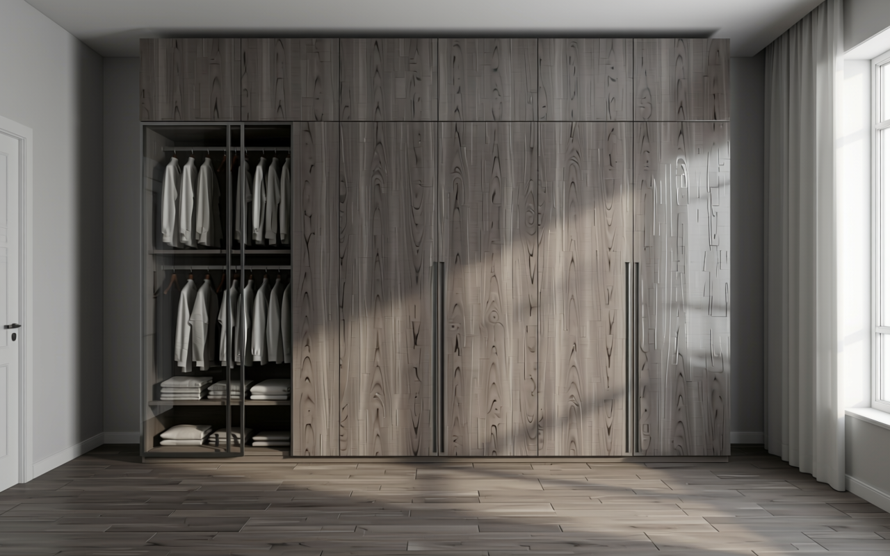 Grey textured MDF decorative panel with vertical wood grain pattern and matte finish.