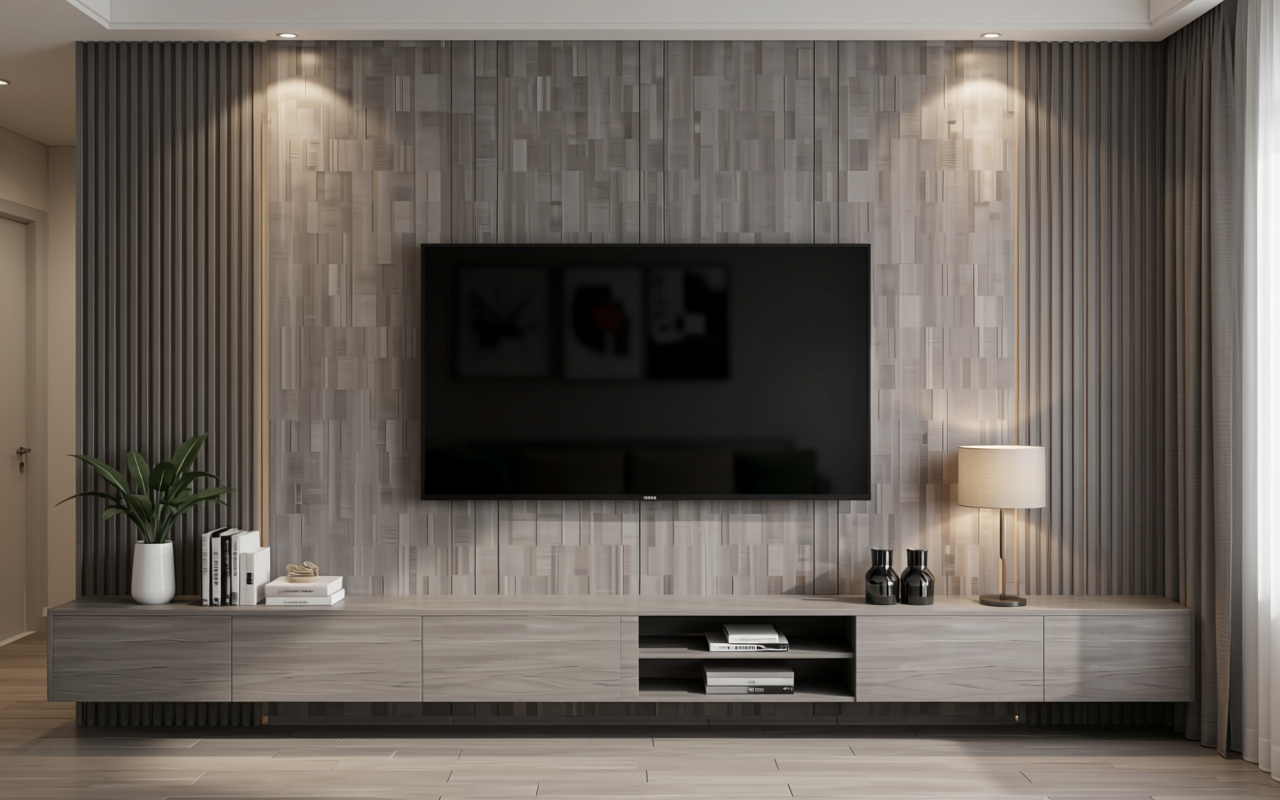 Grey textured MDF decorative panel with vertical wood grain pattern and matte finish.