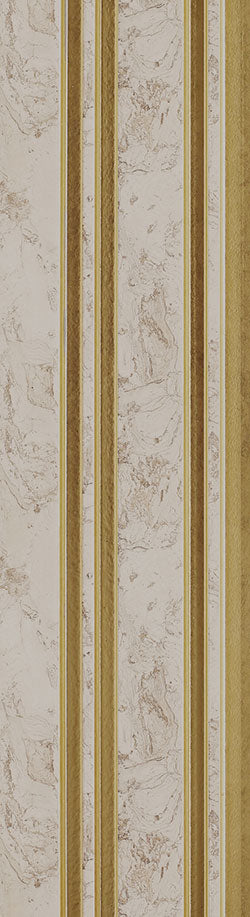 Beige marble pattern louver panel with textured finish and vertical gold stripes showcasing stone appearance and layered