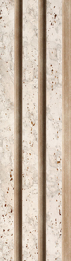 Beige marble louver panel with textured finish and speckled pattern, featuring raised vertical strips and subtle veining.