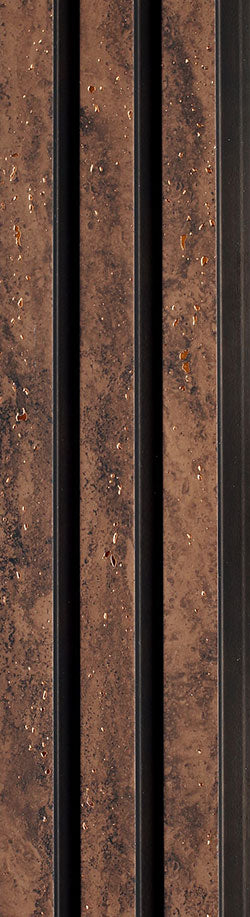 Brown wood louver panel with textured finish and visible wood grain, featuring vertical slats with dark gaps between them
