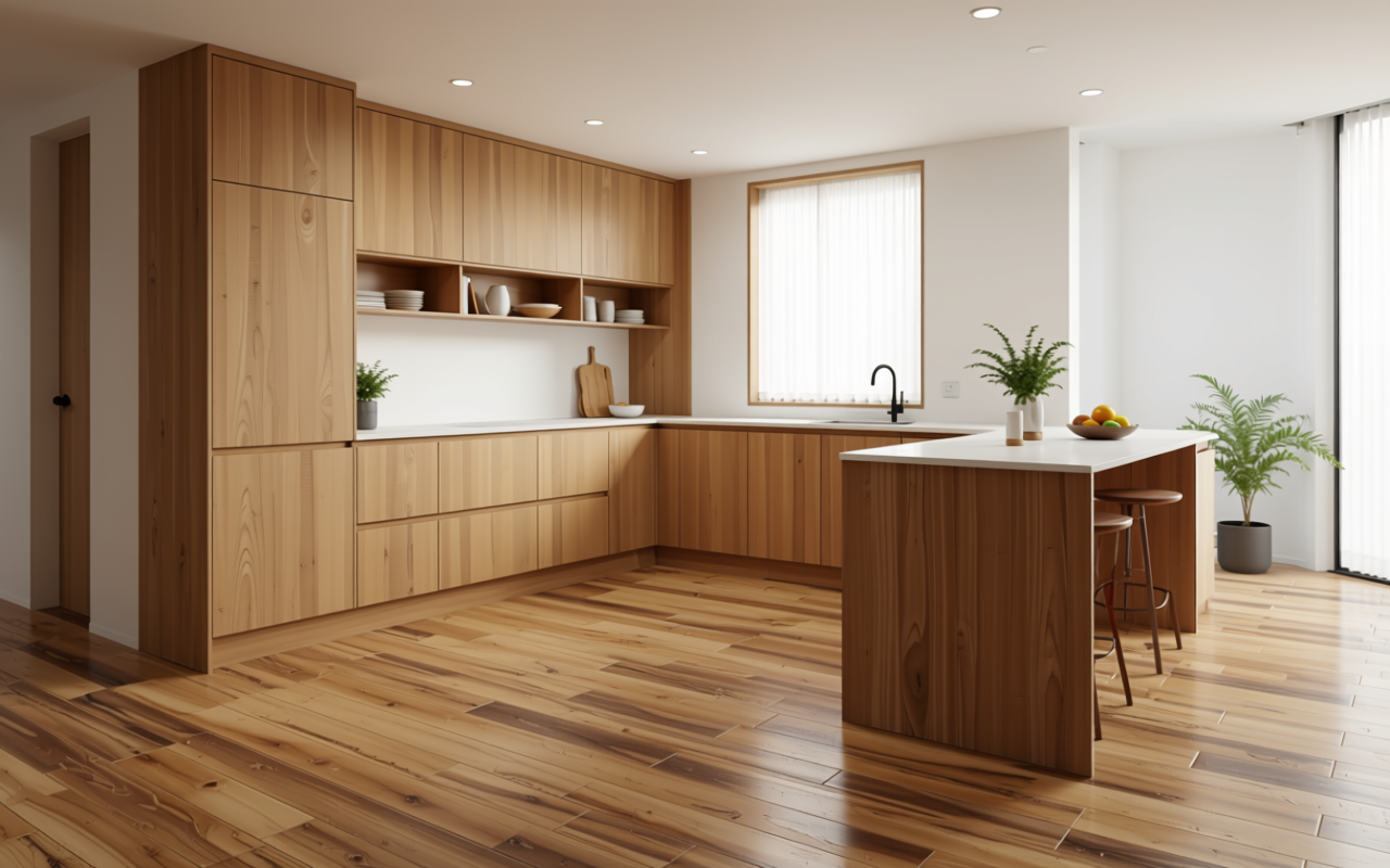 Light brown decorative mdf with textured wood grain pattern and vertical direction.