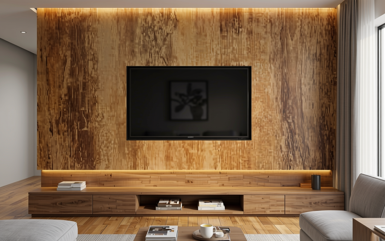 Light brown decorative mdf with textured wood grain pattern and vertical direction.