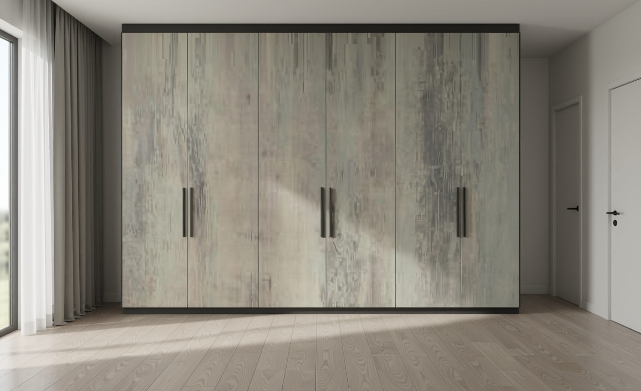 Textured mdf sheet with light gray and beige wood grain pattern, subtle sheen.