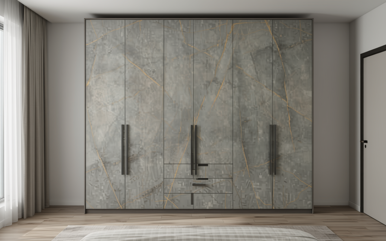 Grey marble textured decorative MDF sheet with golden veins and subtle sheen.