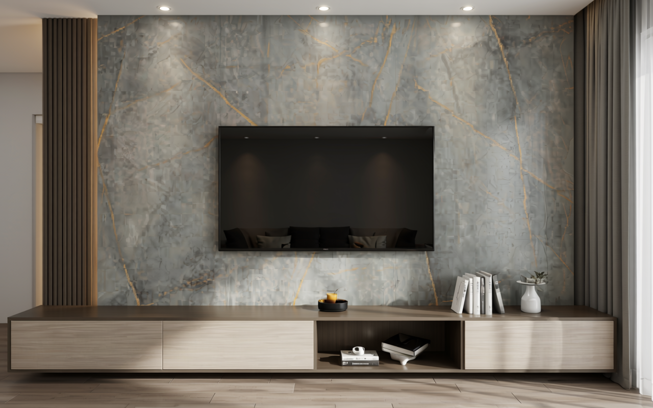 Grey marble textured decorative MDF sheet with golden veins and subtle sheen.