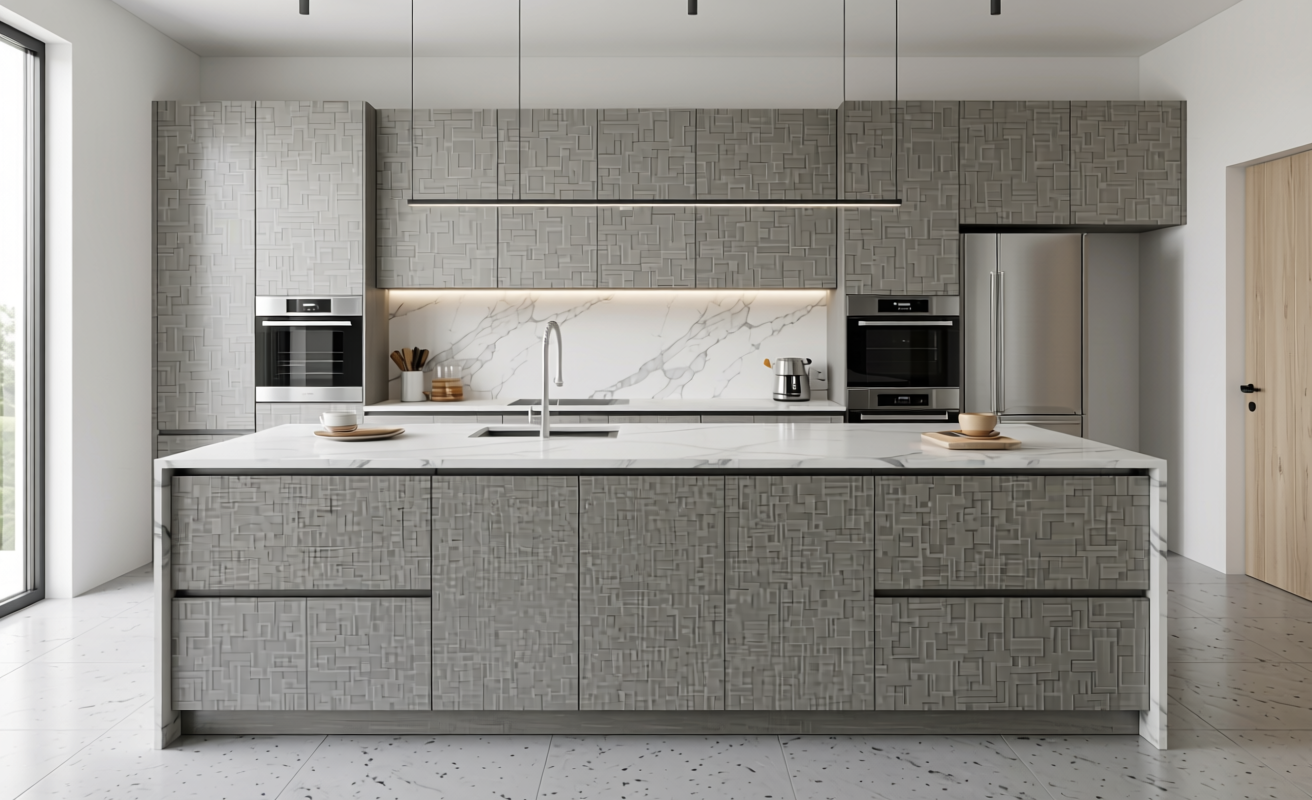 Grey decorative MDF sheet with textured fabric appearance and subtle grain direction.