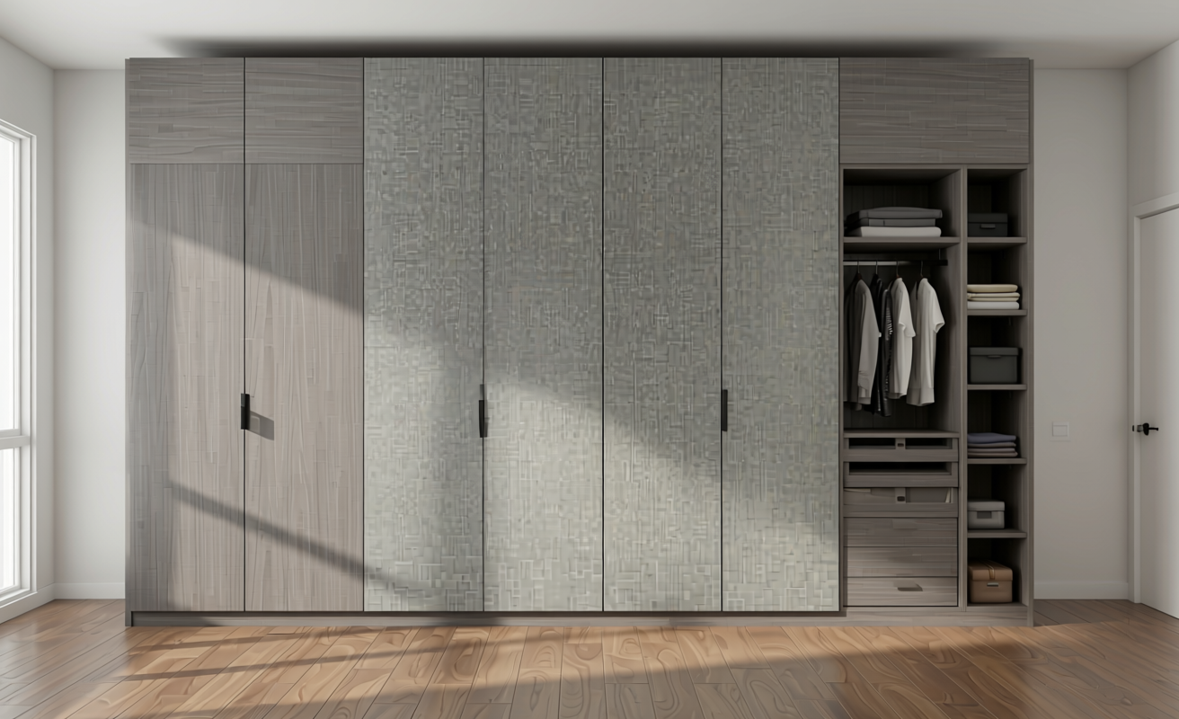 Grey textured decorative MDF sheet with uniform color and subtle texture pattern.