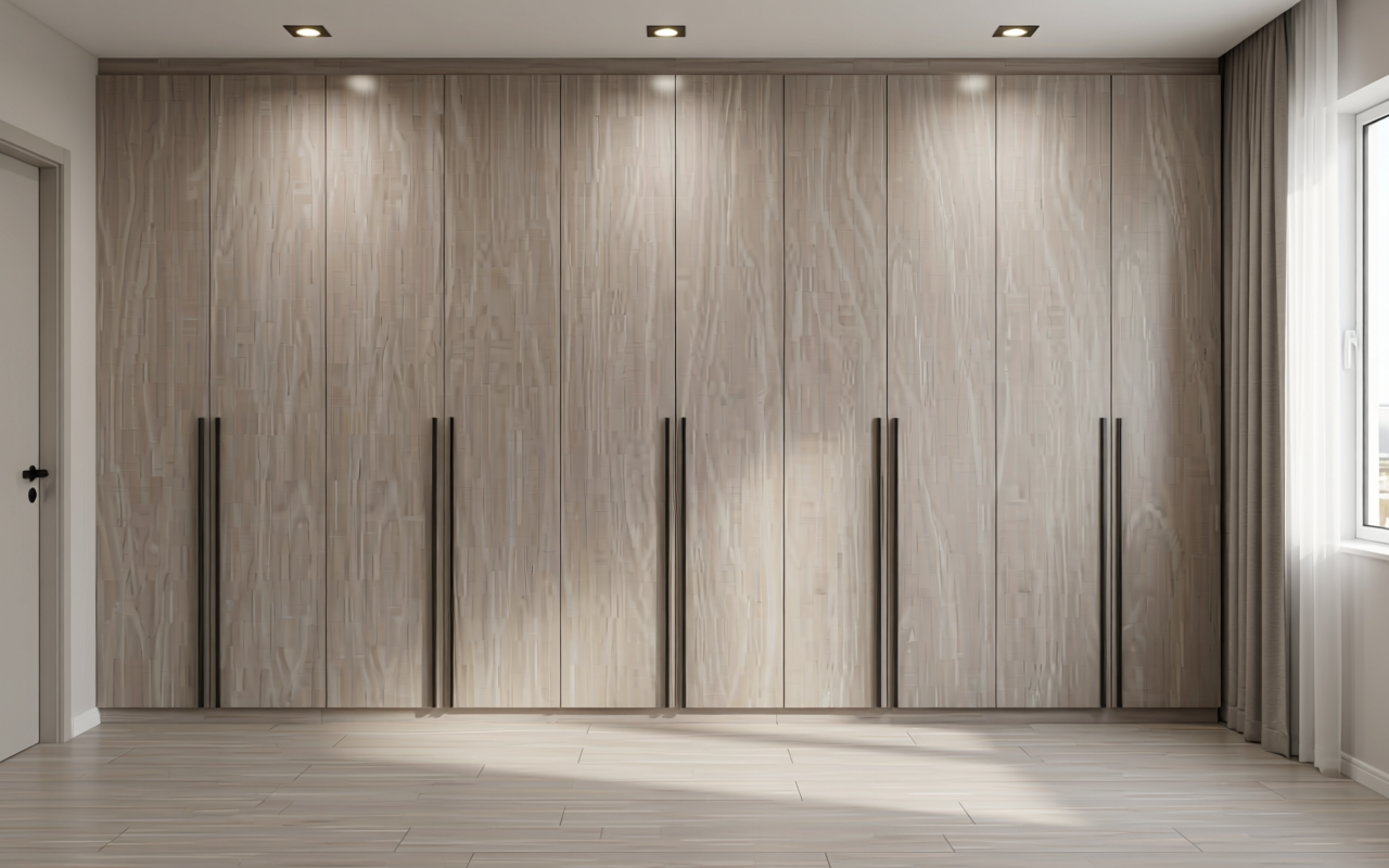 Light beige decorative mdf with wood grain texture and vertical pattern.