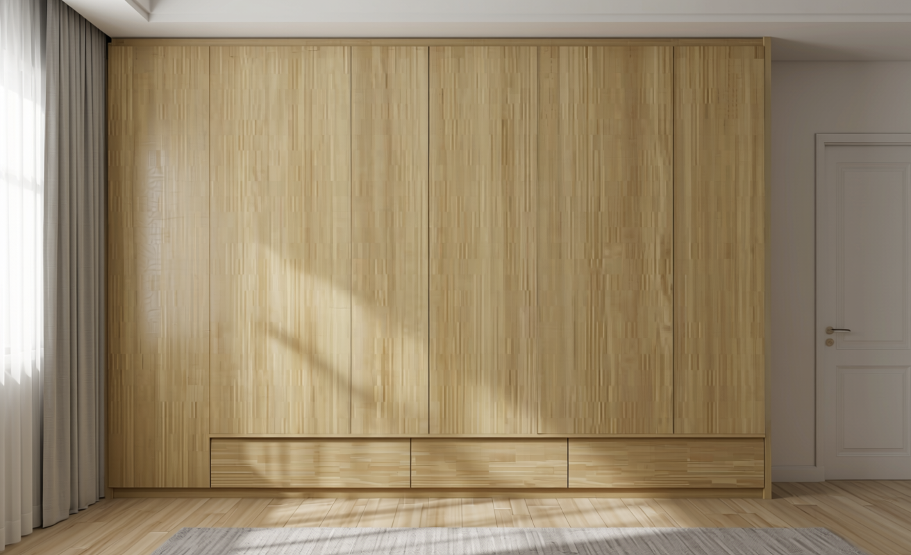 Light beige decorative mdf with vertical wood grain texture and matte finish.