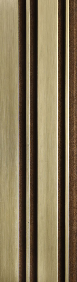 Gold metallic louver panel with textured finish and brushed sheen, featuring vertical slats and dark brown recessed areas