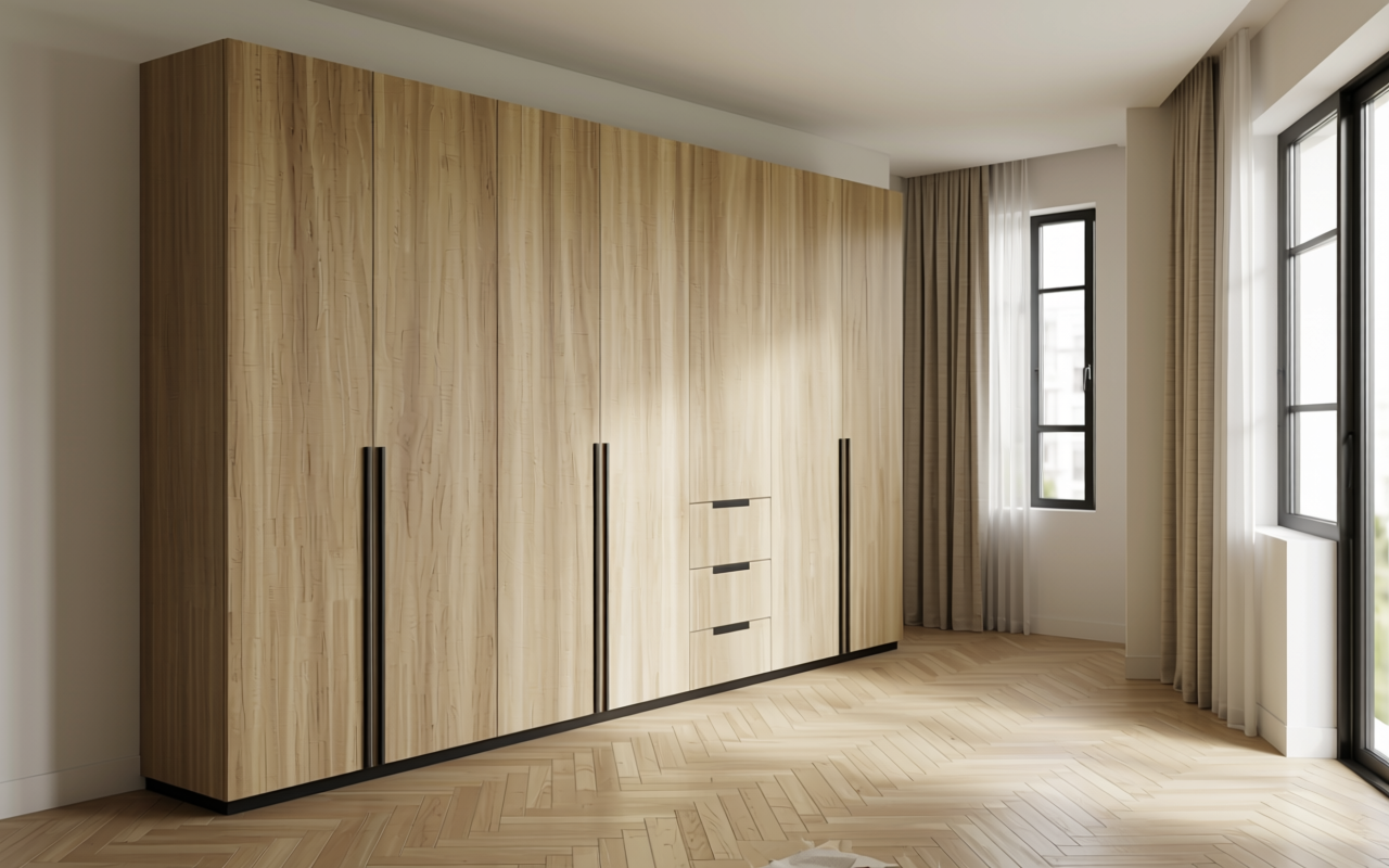 Light beige decorative mdf with vertical wood grain texture and subtle sheen.