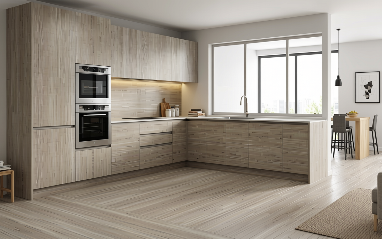 Light beige decorative mdf with textured wood grain pattern and vertical grain direction.