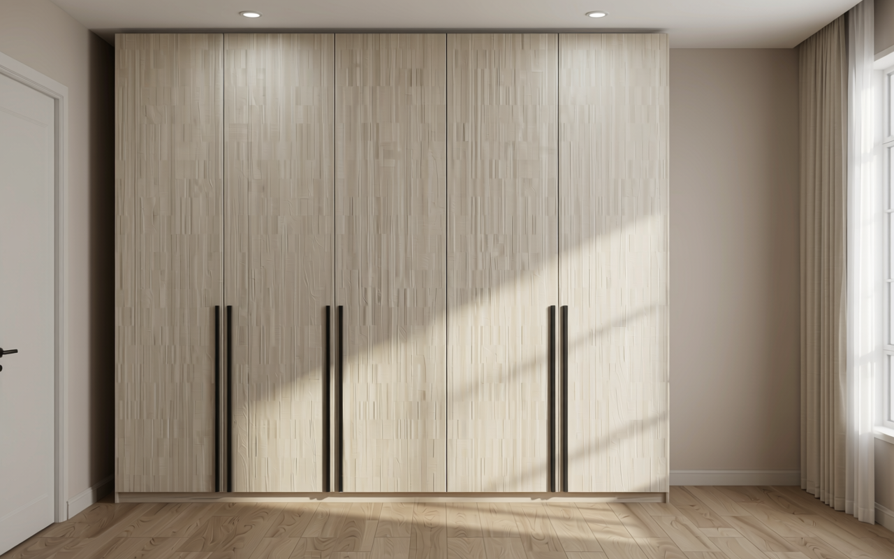 Beige textured mdf decorative panel with vertical grain and matte finish.