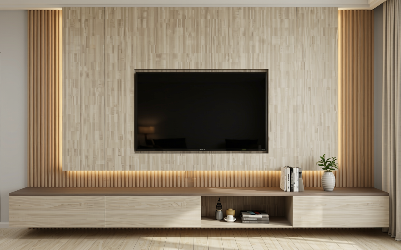 Beige textured mdf decorative panel with vertical grain and matte finish.