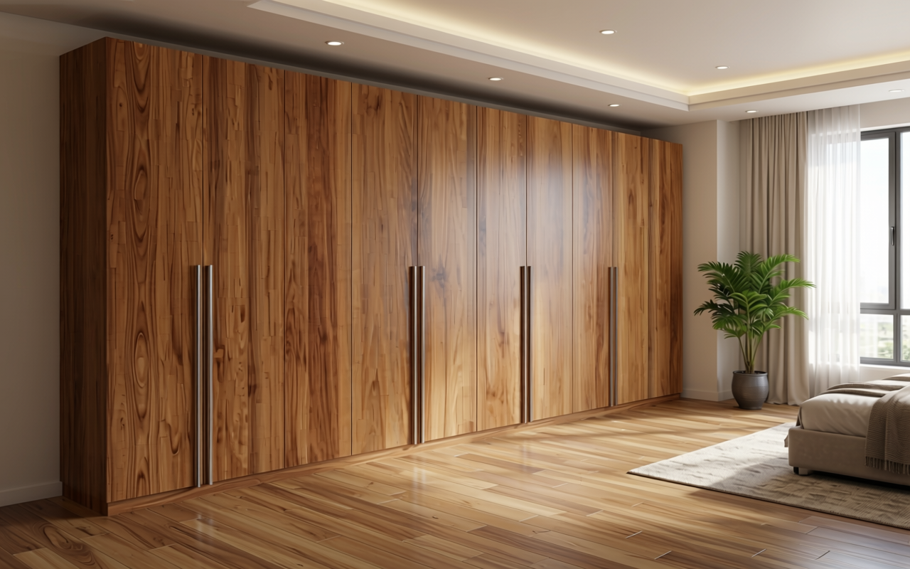 Wooden decorative mdf with textured finish, vertical grain, and medium brown color tone.