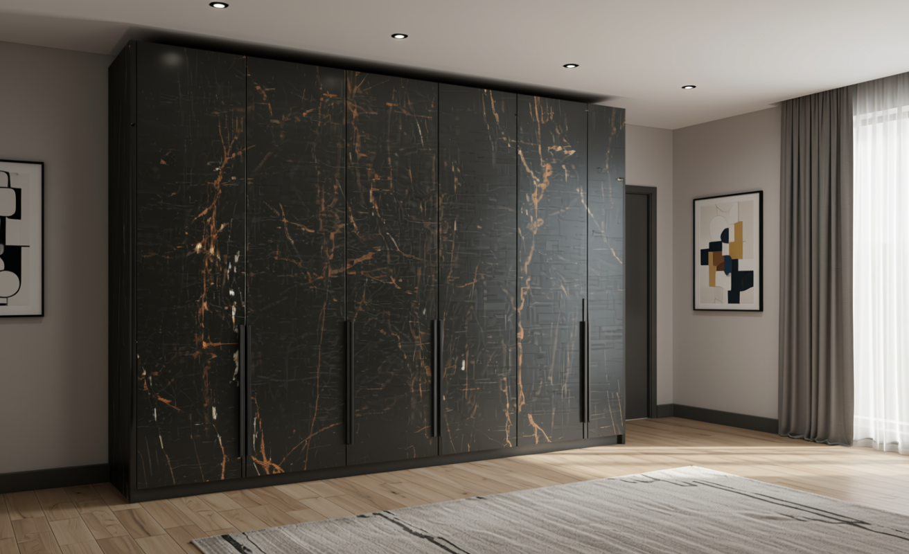 Dark glossy marble-effect decorative MDF with golden veining and high shine finish.