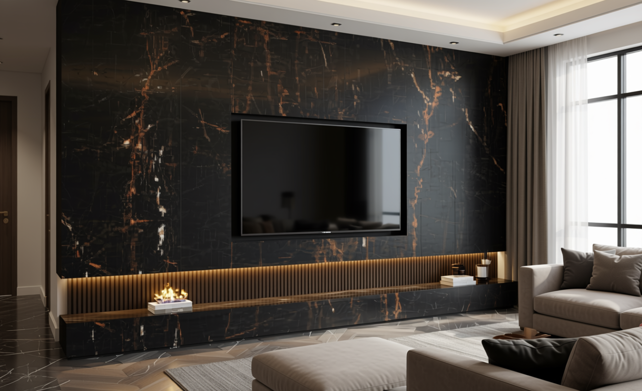 Dark glossy marble-effect decorative MDF with golden veining and high shine finish.