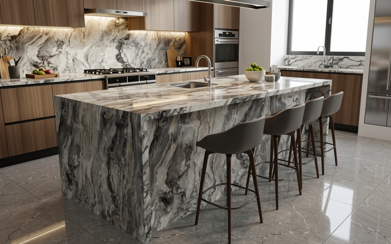 Marble-effect decorative MDF with textured, swirling grey and white pattern, varied sheen.