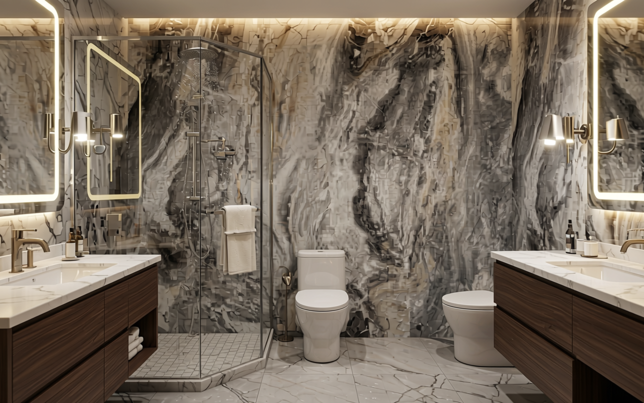 Marble-effect decorative MDF with textured, swirling grey and white pattern, varied sheen.