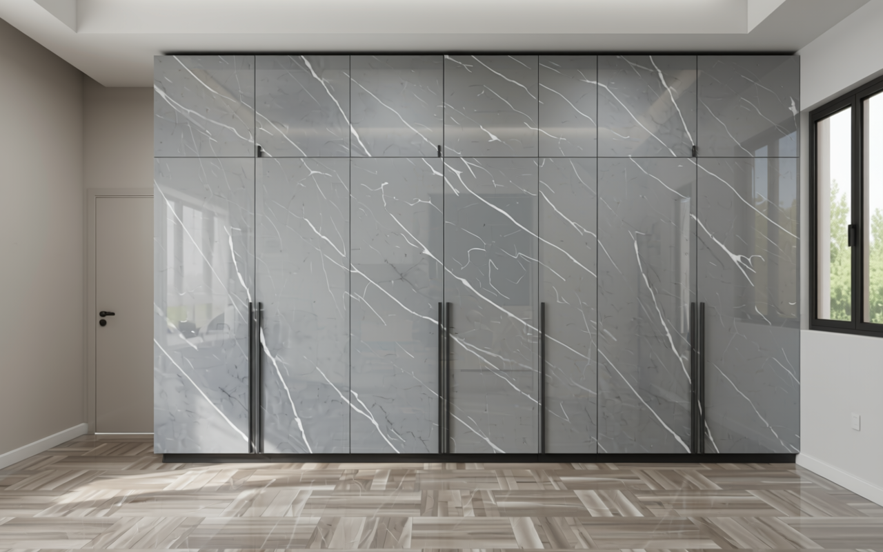 Grey decorative MDF sheet with glossy marble-like finish and white diagonal veining.