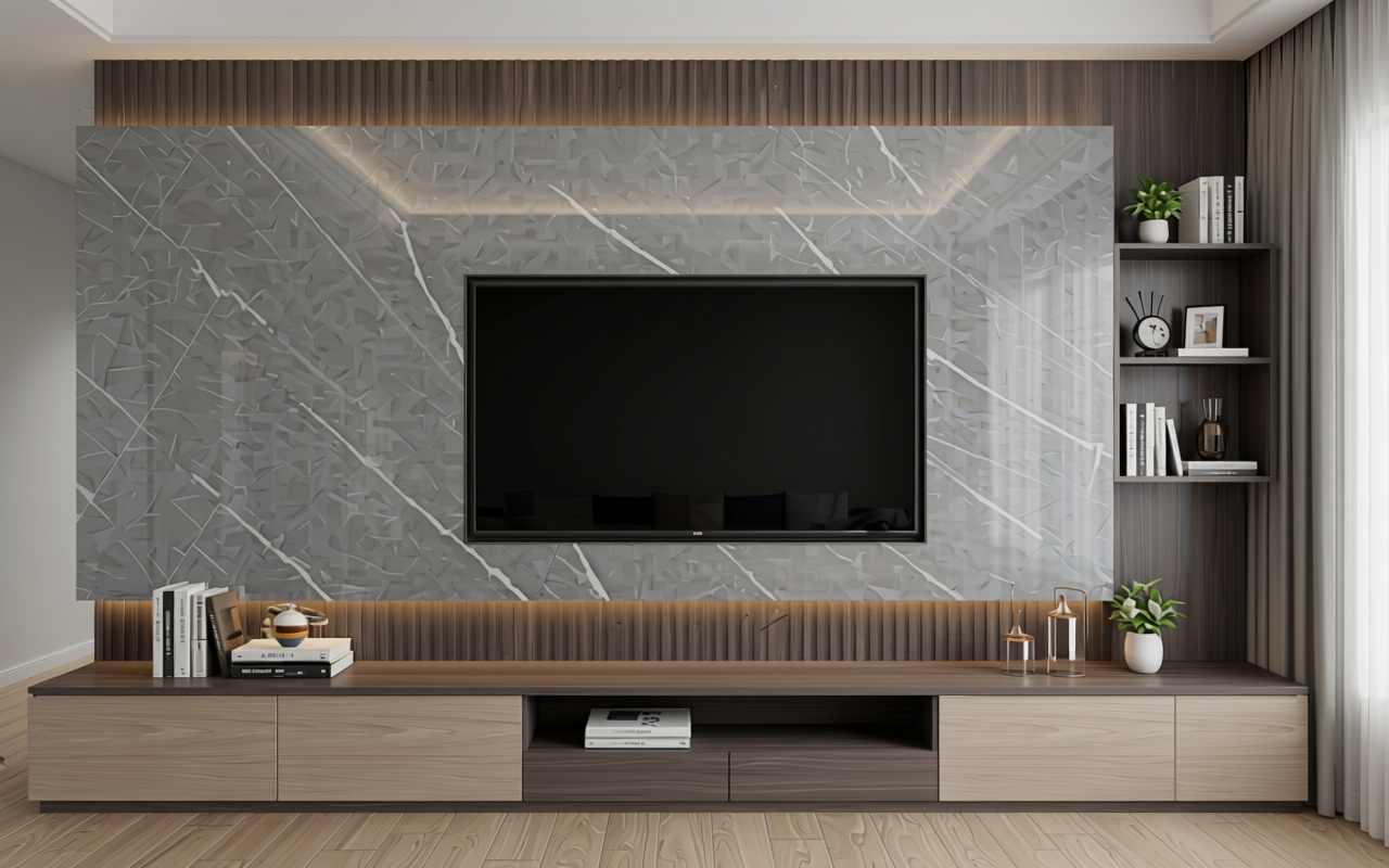Grey decorative MDF sheet with glossy marble-like finish and white diagonal veining.