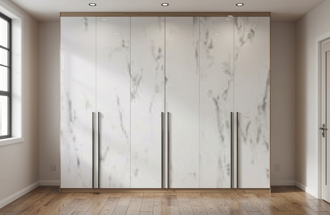 White marble-patterned decorative MDF sheet with subtle gray veining and textured finish.