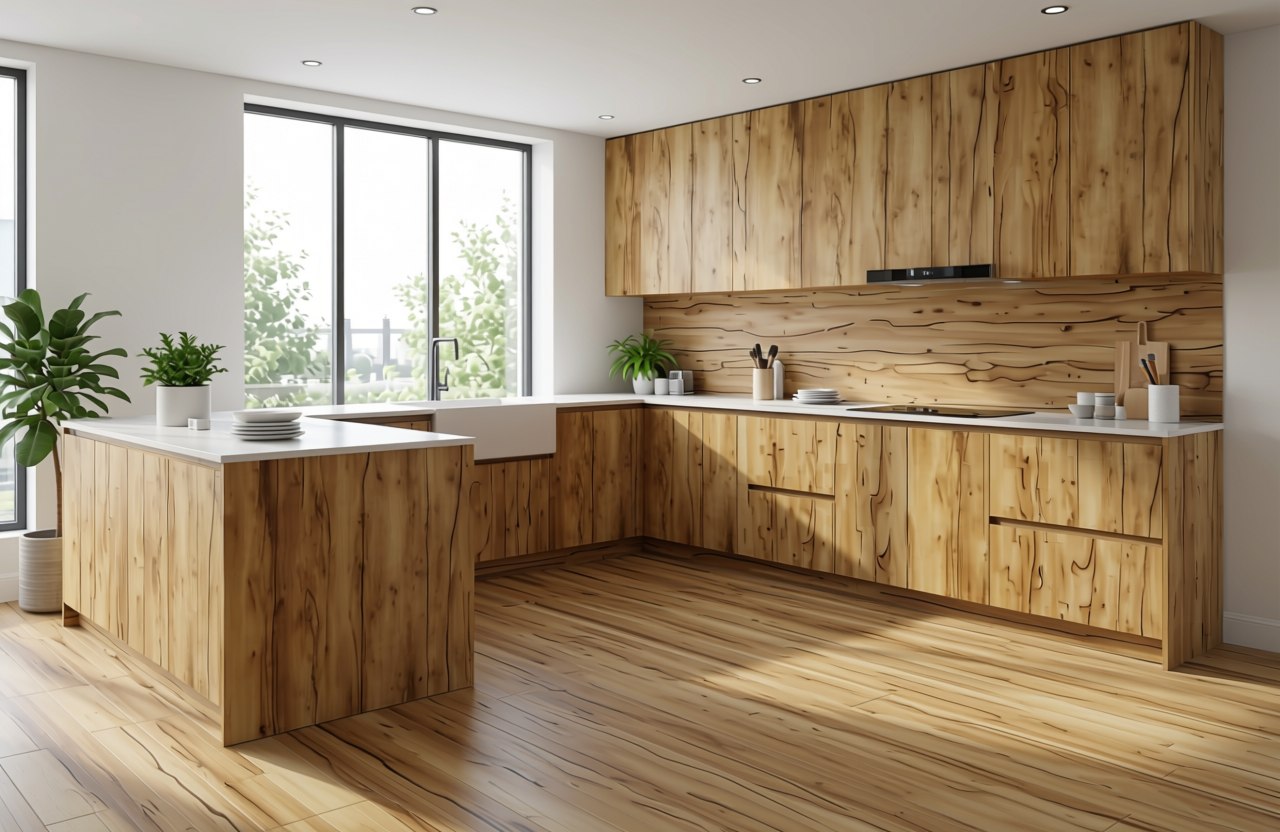 Light brown decorative mdf with wood grain texture and vertical dark streaks.