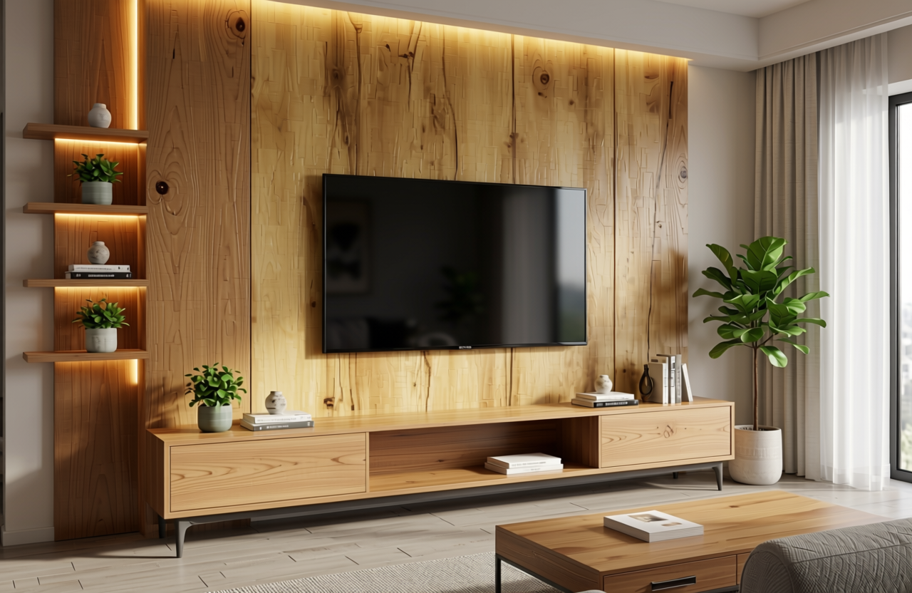 Light brown decorative mdf with wood grain texture and vertical dark streaks.