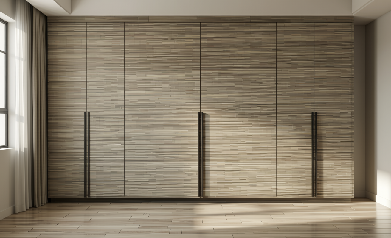 Gray decorative mdf sheet with horizontal wood grain texture and matte finish.