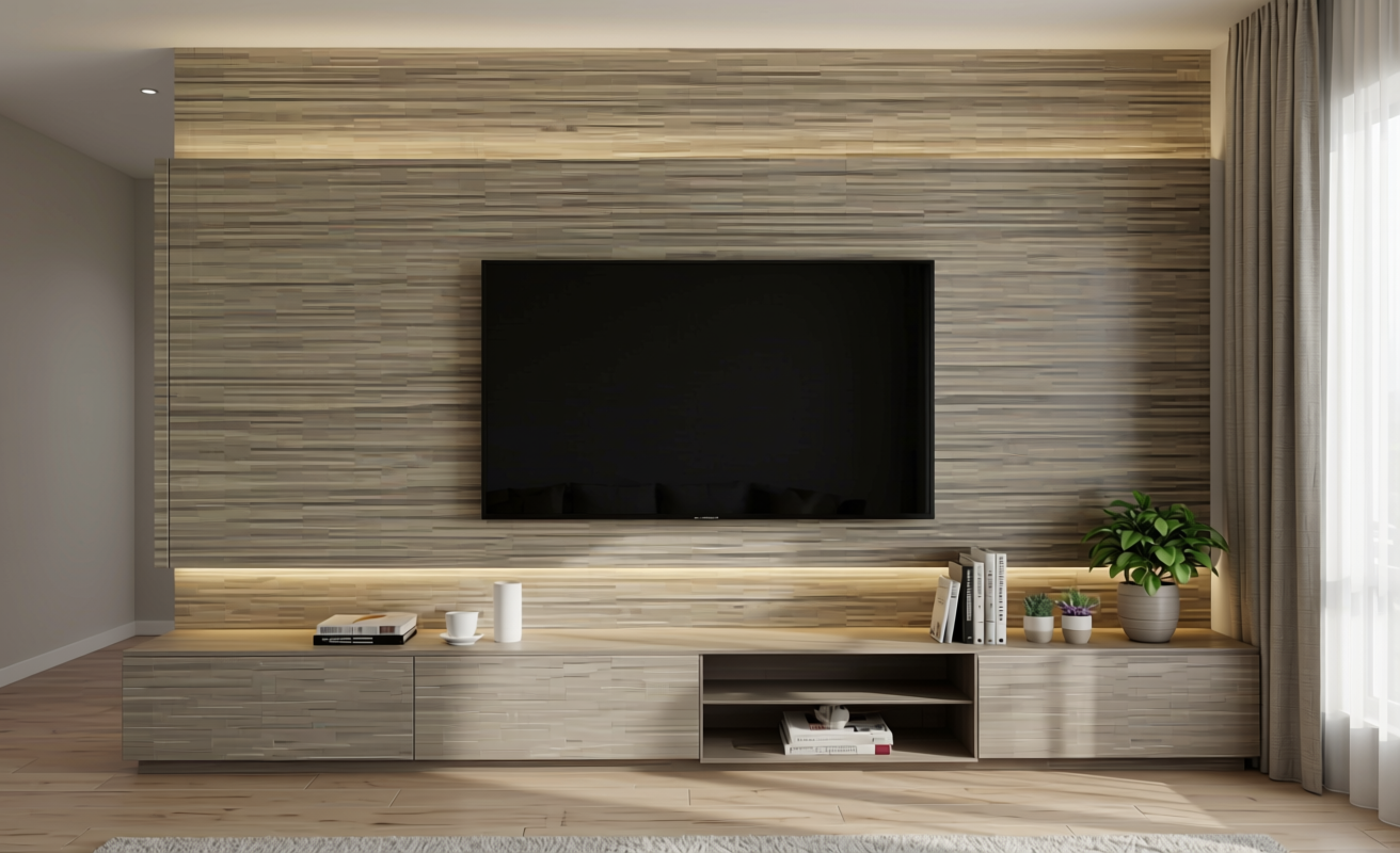 Gray decorative mdf sheet with horizontal wood grain texture and matte finish.