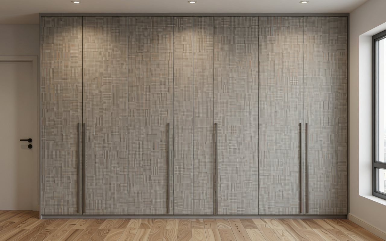 Light gray decorative mdf sheet with textured fabric appearance and subtle grid pattern.