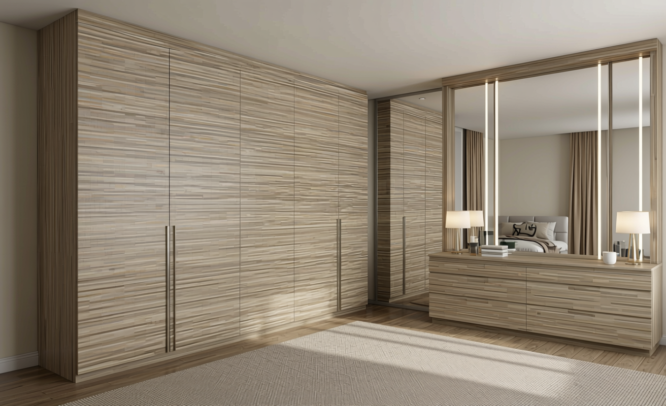 Beige textured mdf decorative panel with horizontal wood grain pattern and matte finish.
