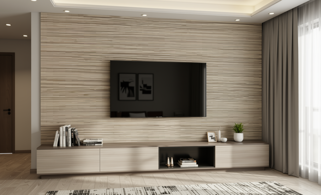 Beige textured mdf decorative panel with horizontal wood grain pattern and matte finish.