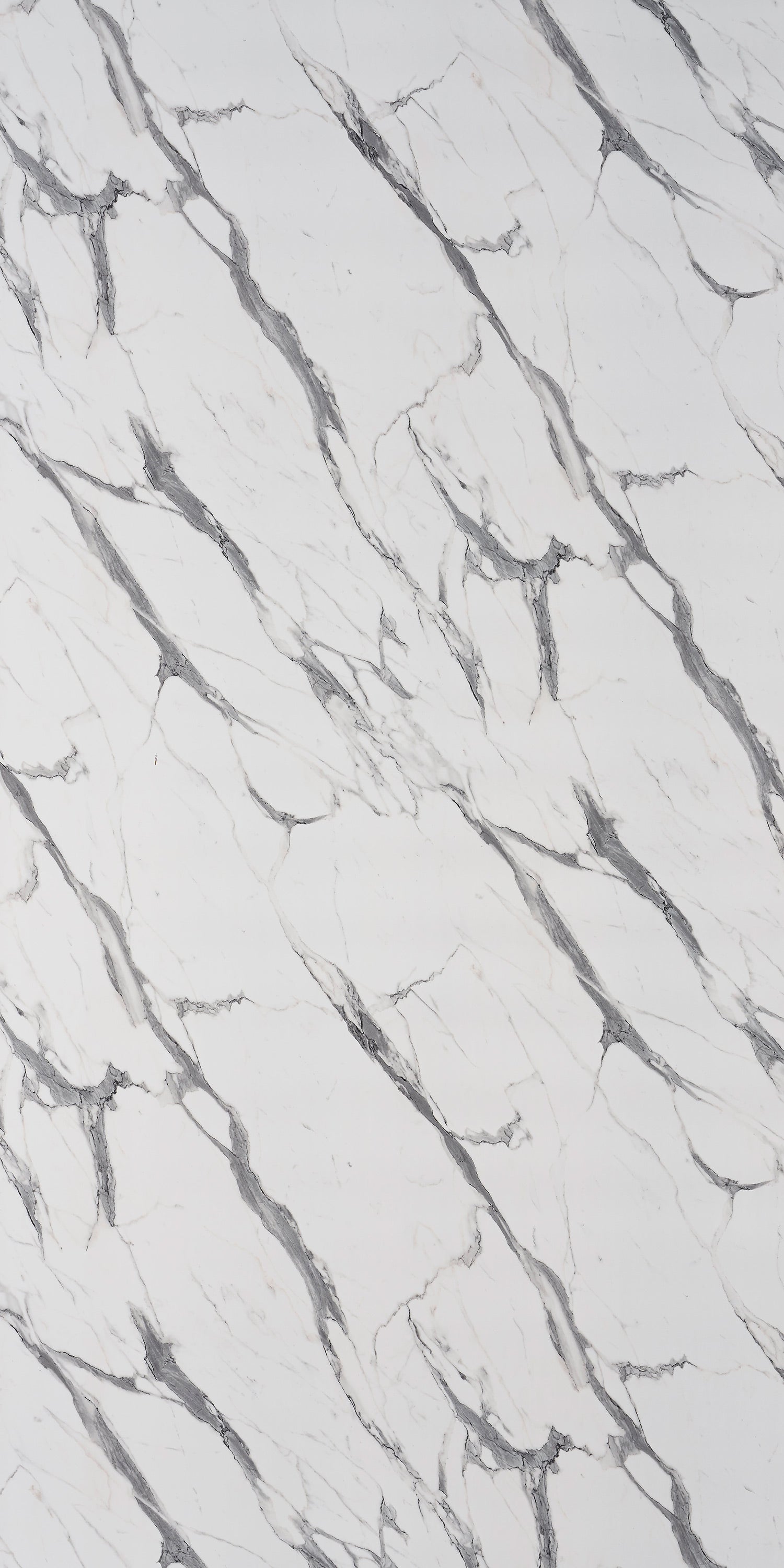 White marble laminate with gray veins and subtle texture, showing a silk finish and diagonal pattern.