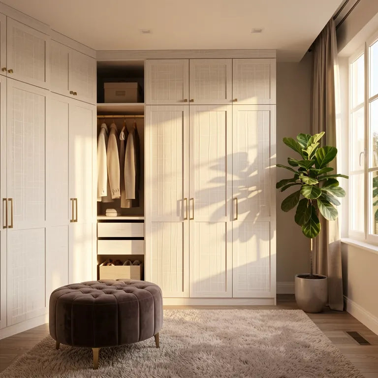 White textured laminate with woven cane pattern and subtle sheen.