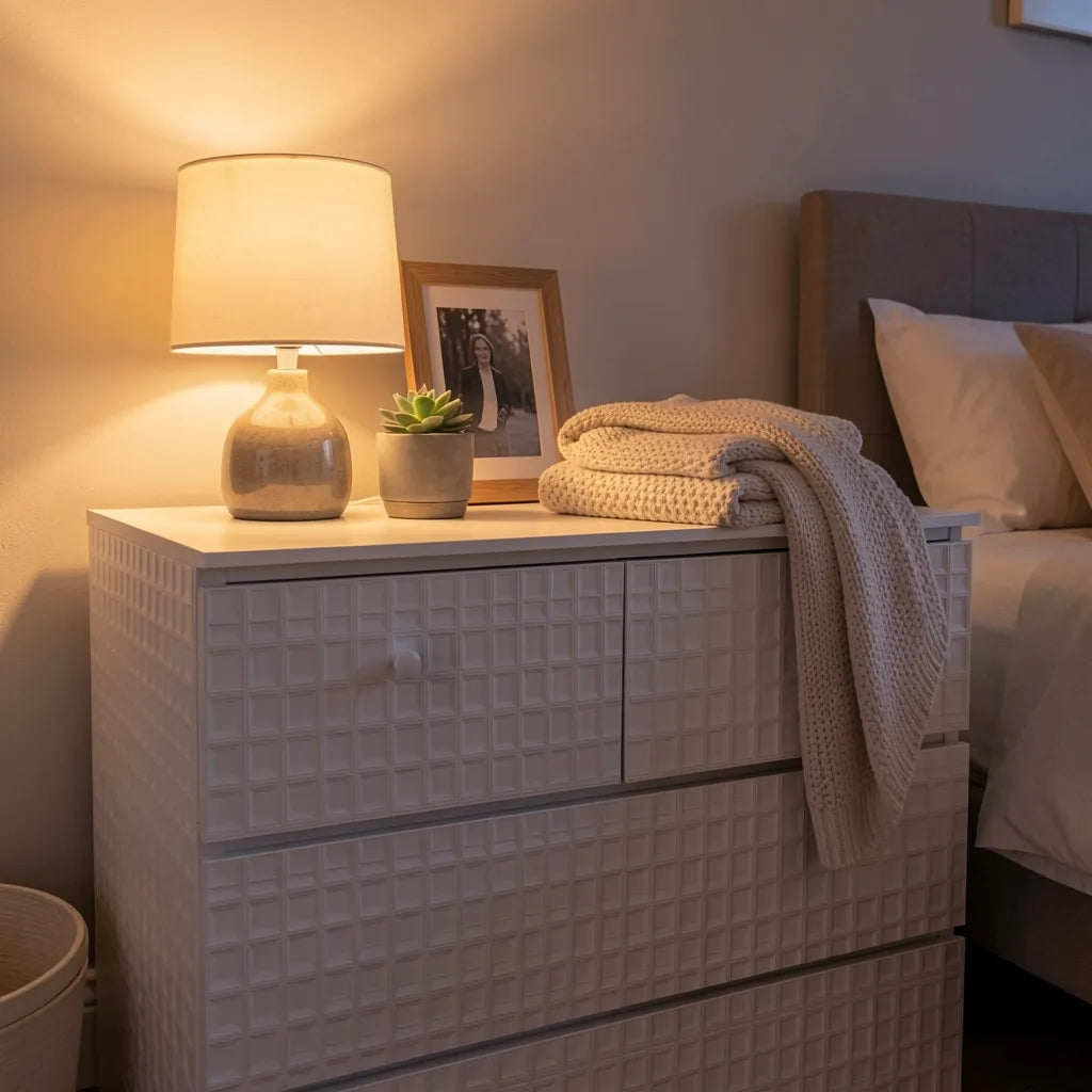 White laminate sheet with textured, grid pattern and subtle sheen finish.