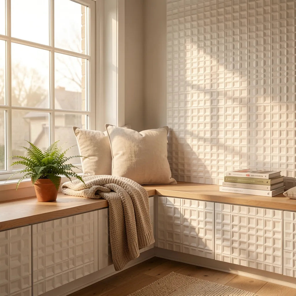 White laminate sheet with textured, grid pattern and subtle sheen finish.