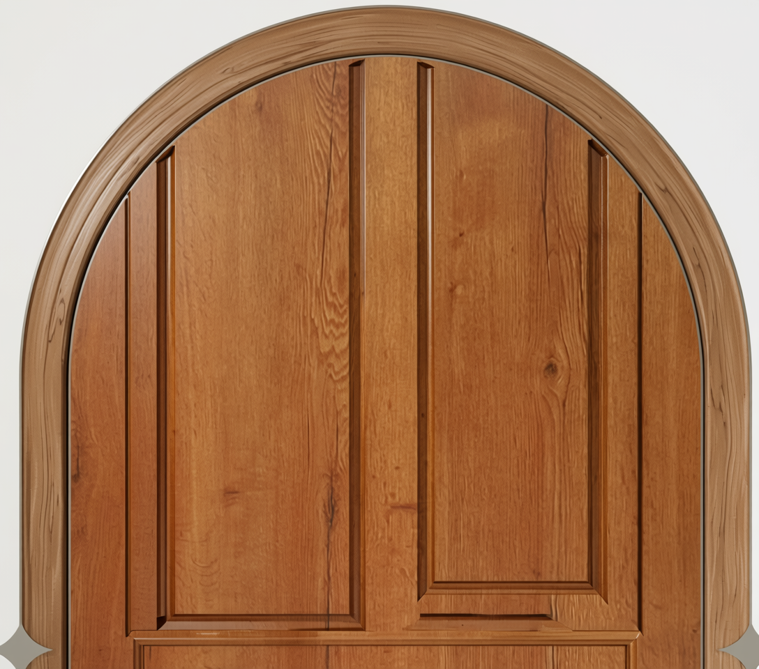 Brown laminate with wood grain texture and vertical pattern, featuring a semi-circular border.