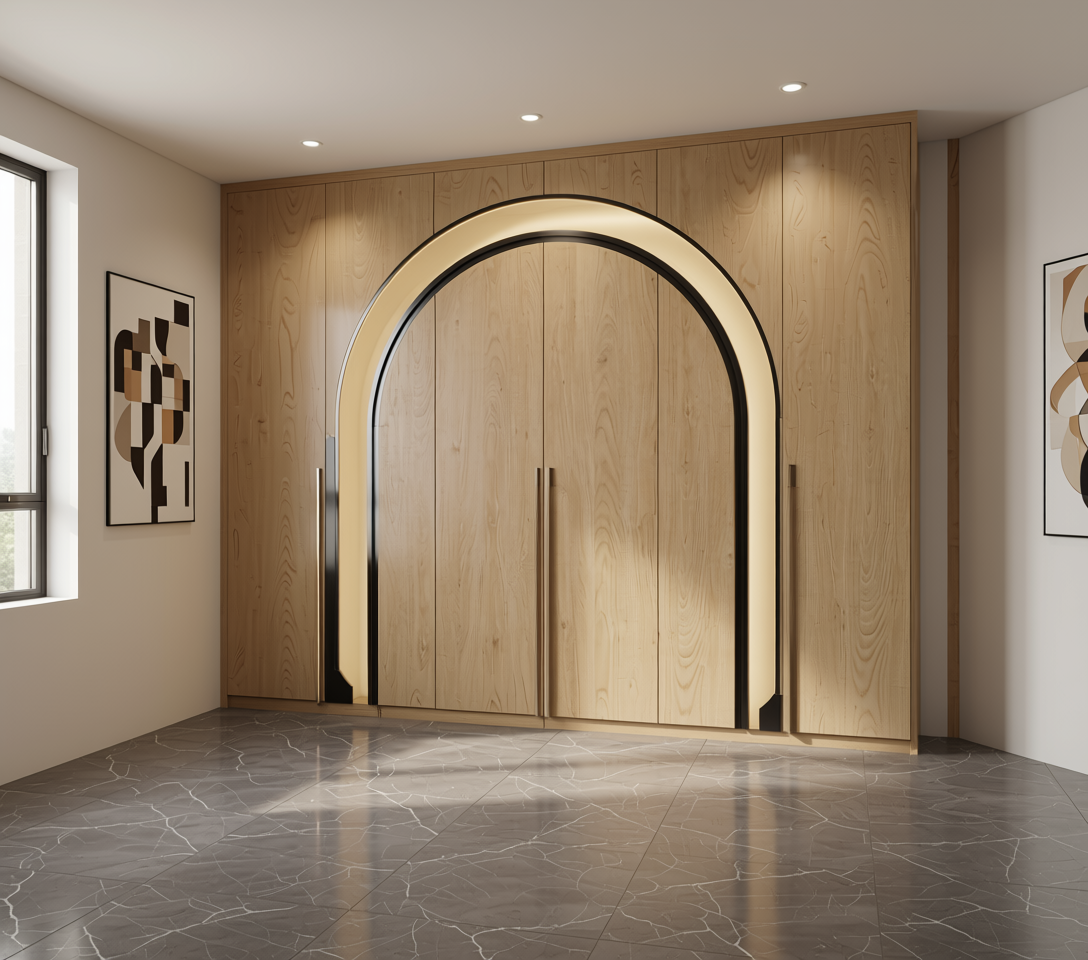 Beige wood grain laminate with textured finish and vertical grain direction.