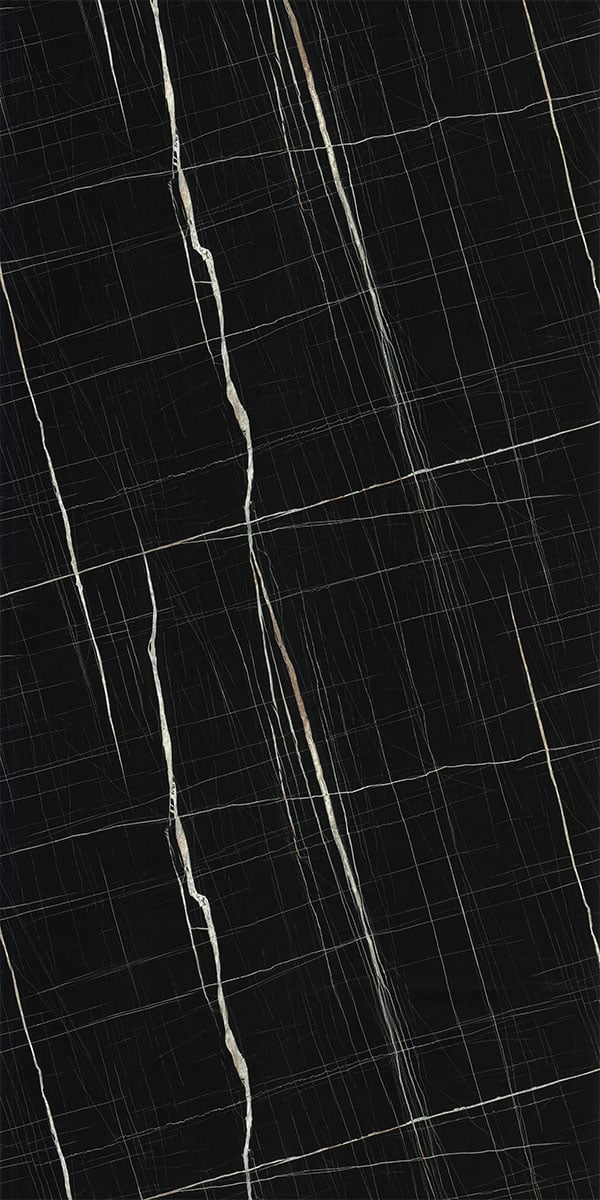 Black marble laminate with white veining and suede finish, showing a detailed stone pattern with subtle texture and grid