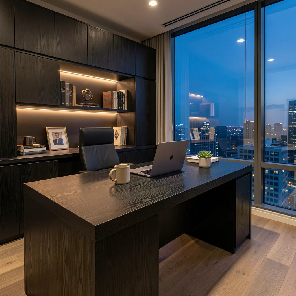 Black laminate with textured wood grain pattern and vertical grain direction.