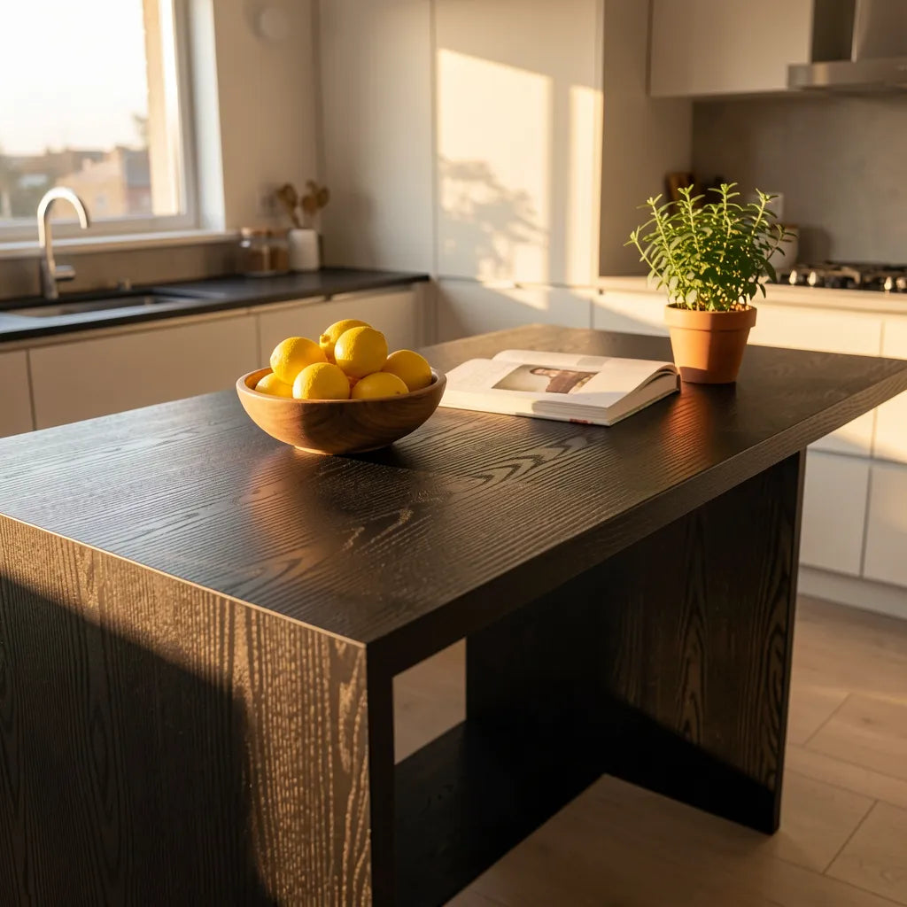 Black laminate with textured wood grain pattern and vertical grain direction.