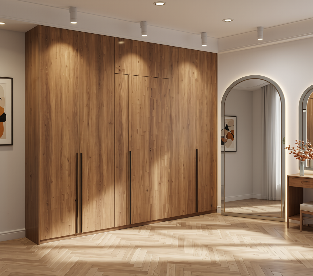 Brown wood laminate with vertical grain and textured finish.