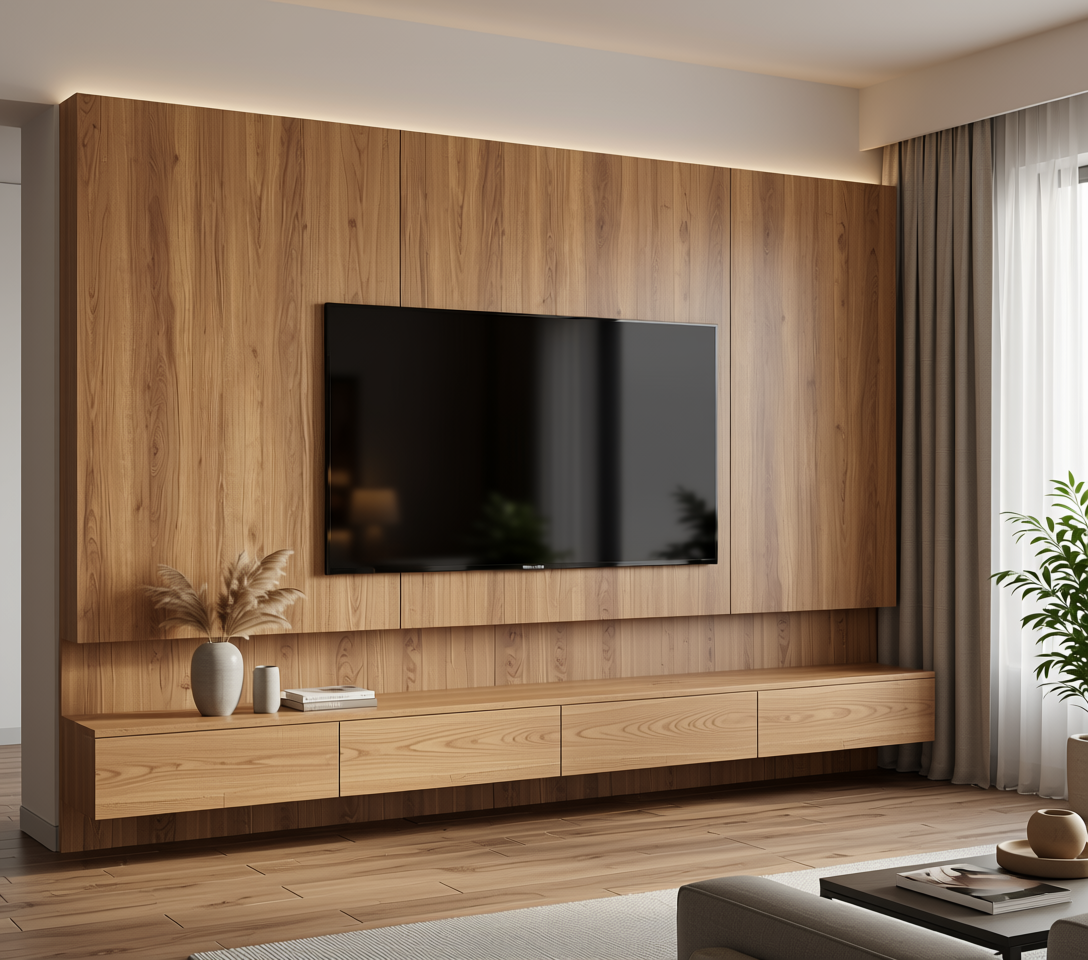Brown wood laminate with vertical grain and textured finish.